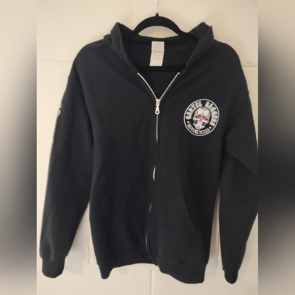 Woman's Cartel Baggers Motorcycle Hoodie with front Zipper, Black, Size Small